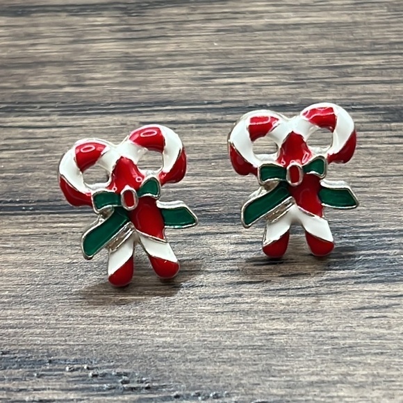 Candy Cane Christmas Earrings Delicate Dainty Red White and Green Bow - Picture 2 of 6